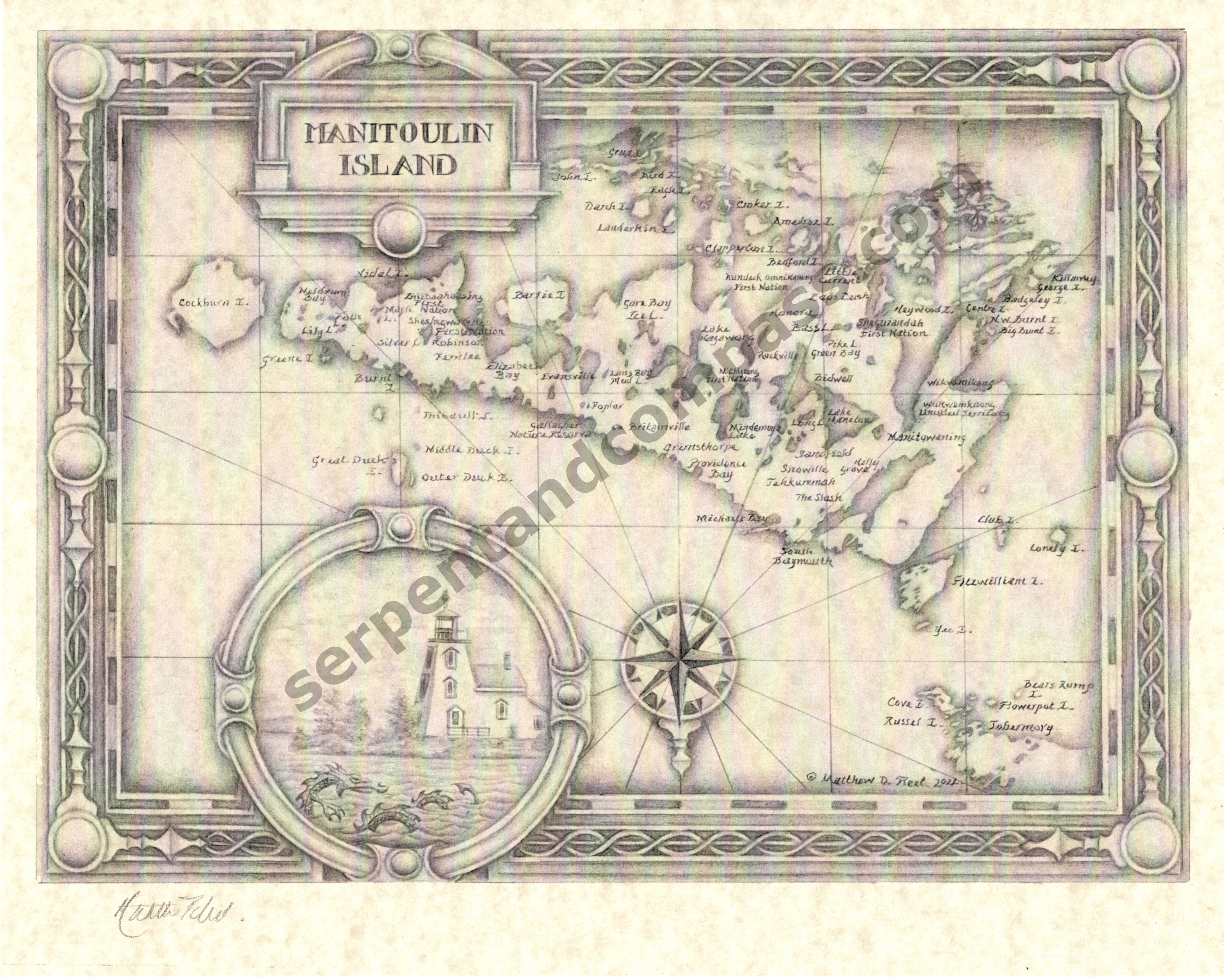 Detailed hand-drawn map of Manitoulin Island in sepia colours. Details include an inset sketch of a lighthouse. The watermark reads 