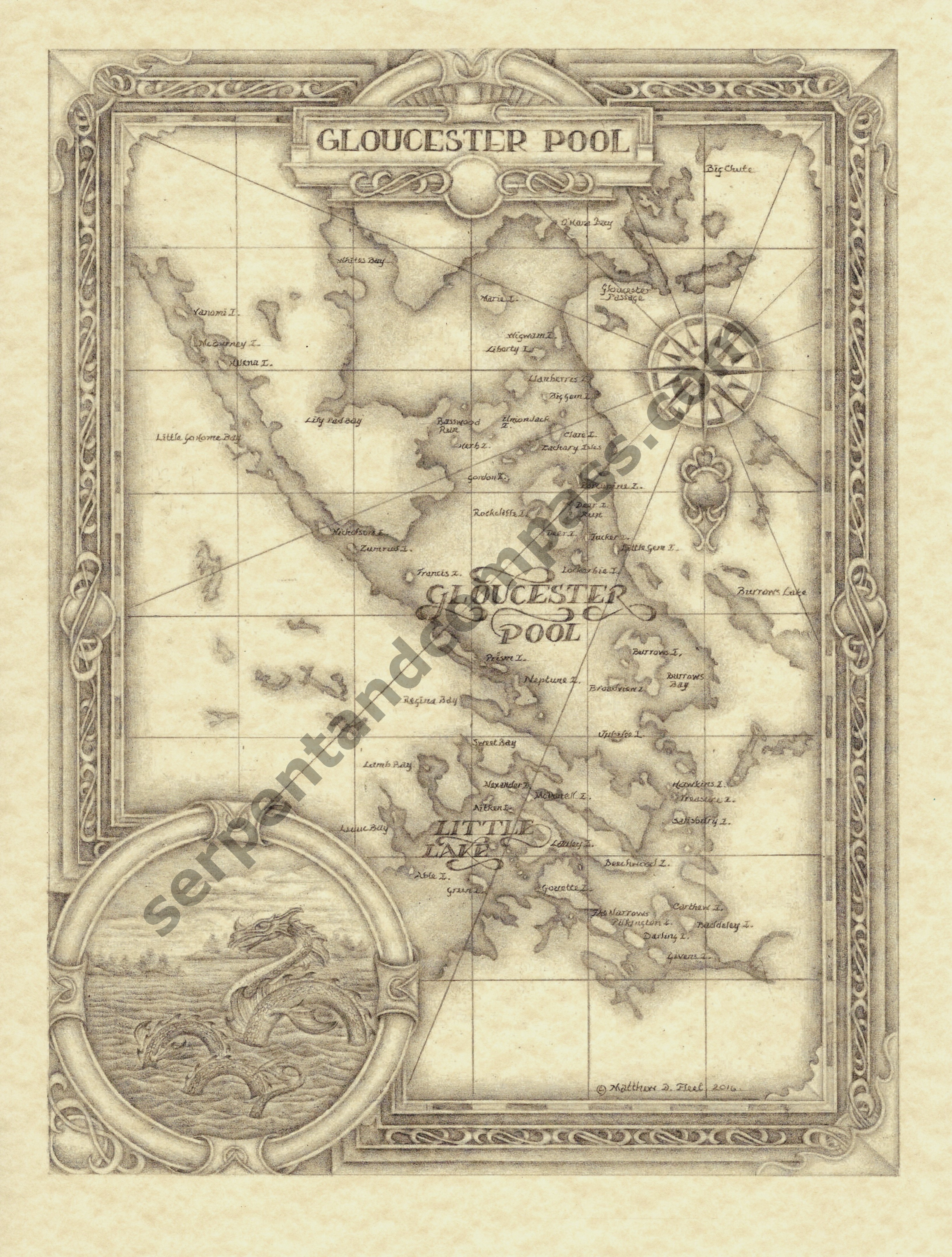 Detailed handdrawn map of Gloucester Pool in sepia colours.